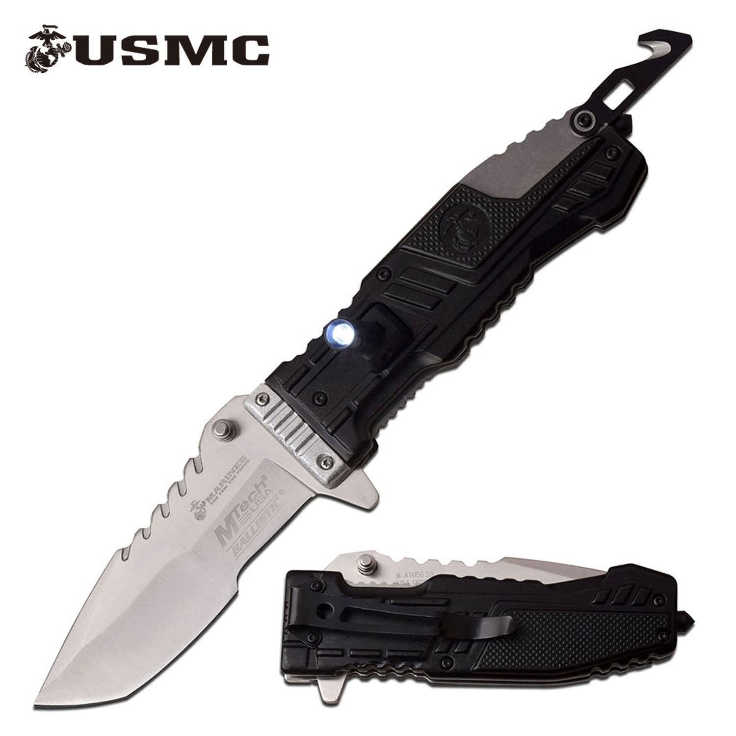 Spring Assist Folding Knife USMC Marines Black EDC Tanto Blade Led Light - Tophatter's Army Products & Self Defense Collectible Weapons - Tophatter Daily Deals